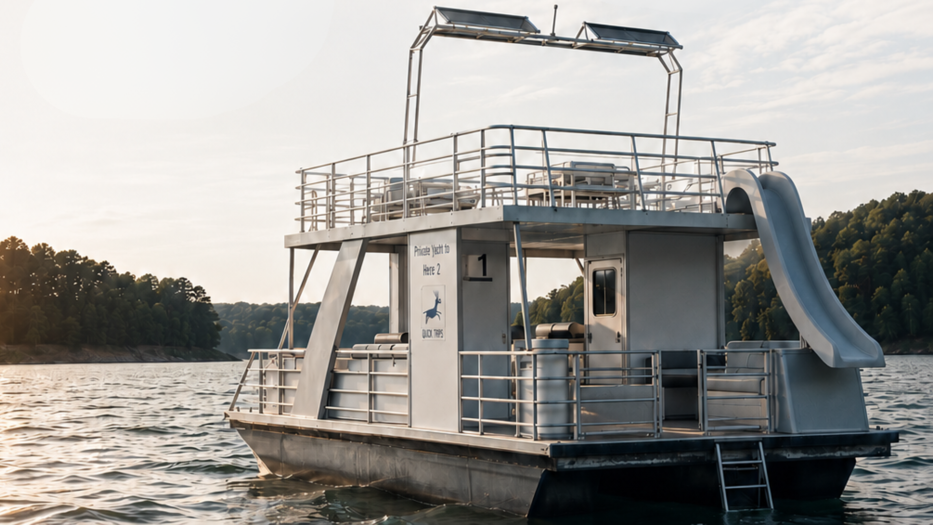 Friends laughing on a pontoon boat at golden hour on Lake Allatoona
